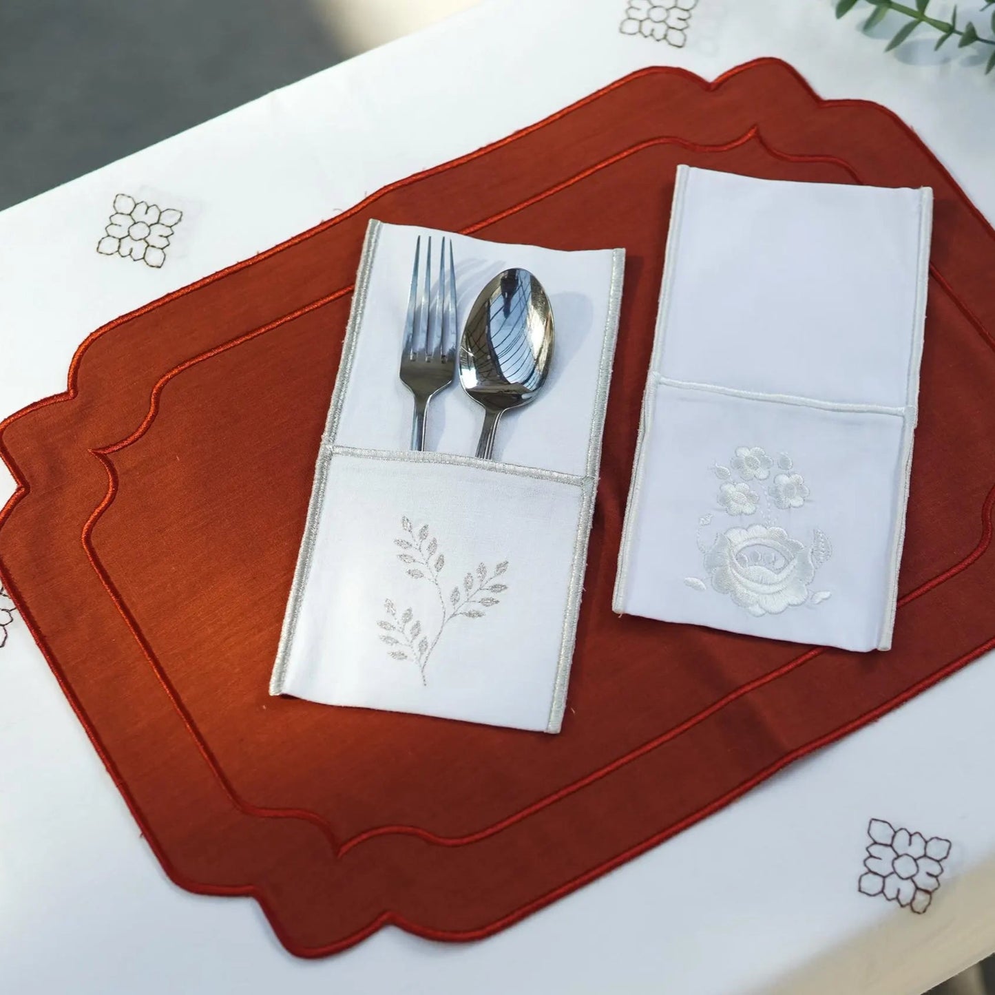 Rust Orange Linen Embroidered shape Mats (set of 6)